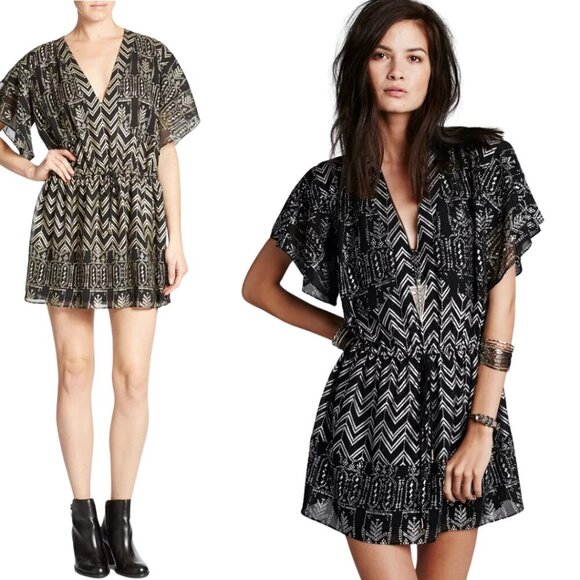 Free People Love Your Chaos Mini Dress Womens Medium Black Gold Drop Waist Tunic - Picture 2 of 15